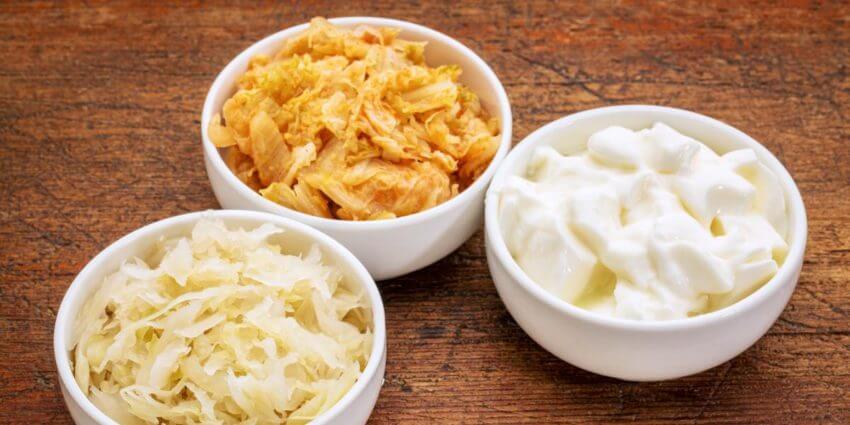 Kimchi Sauerkraut Yogurt in bowls