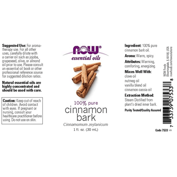 NOW Cinnamon Bark Oil label